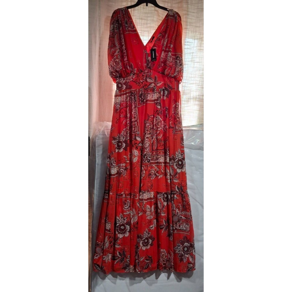 Express Medium Red Floral Deep V Neck Maxi Dress Summer Flowy